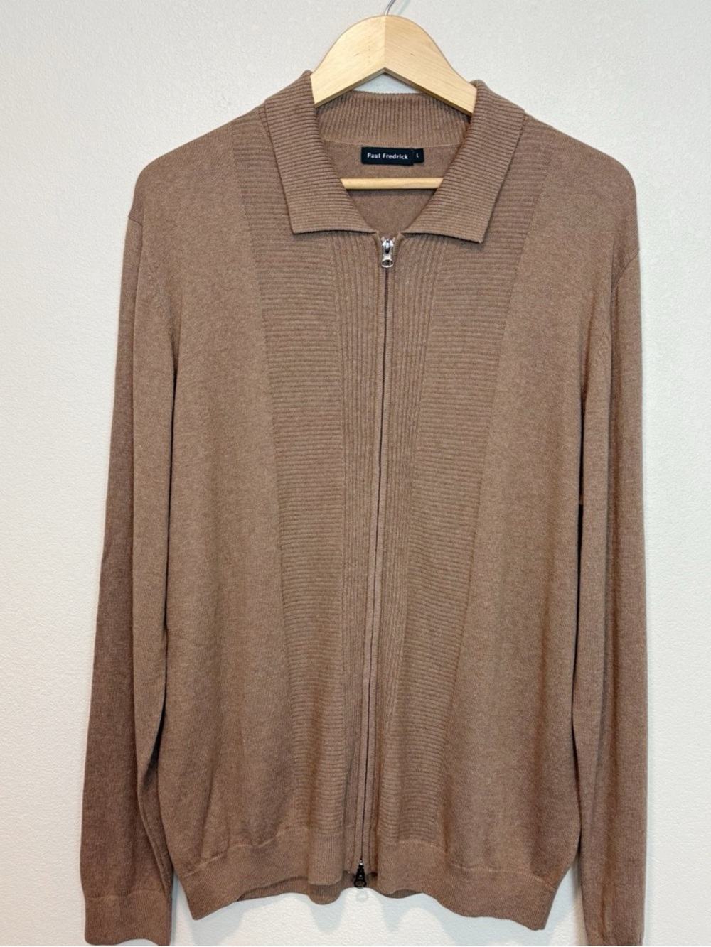 Paul Fredrick Men's Camel Brown Full-Zip Knit Cardigan Sweater Silk Cashmere